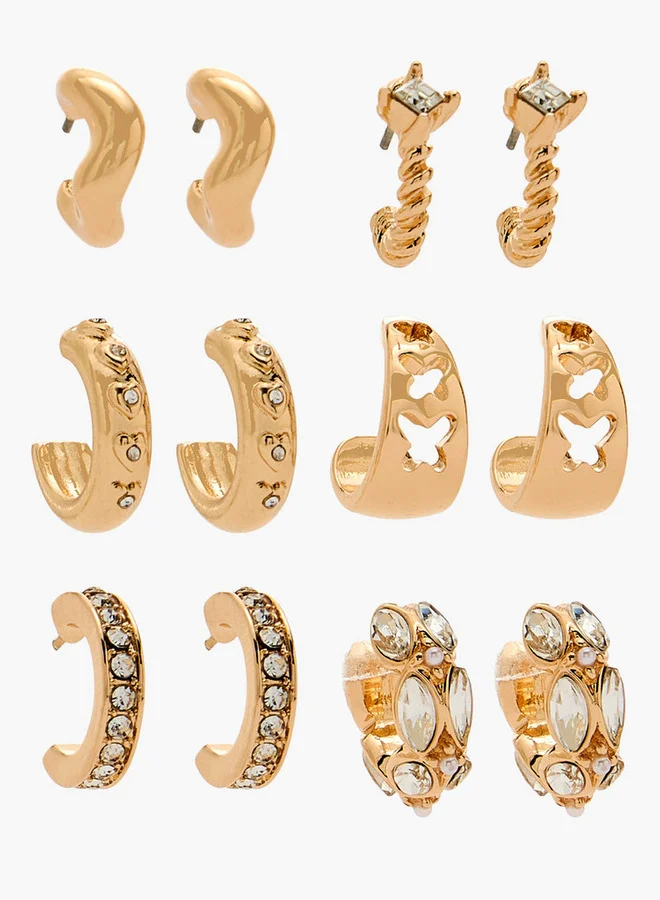 Pack Of 6 Gold Tone Embellished Hoop Earrings With Pushback Closure